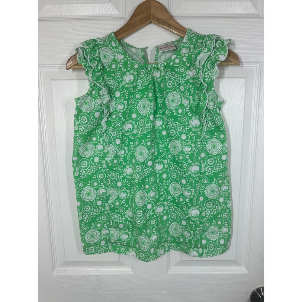 Hanna Andersson Top‎ Girls 150 Green Floral Ruffle Sleeve Cotton Shirt 7357